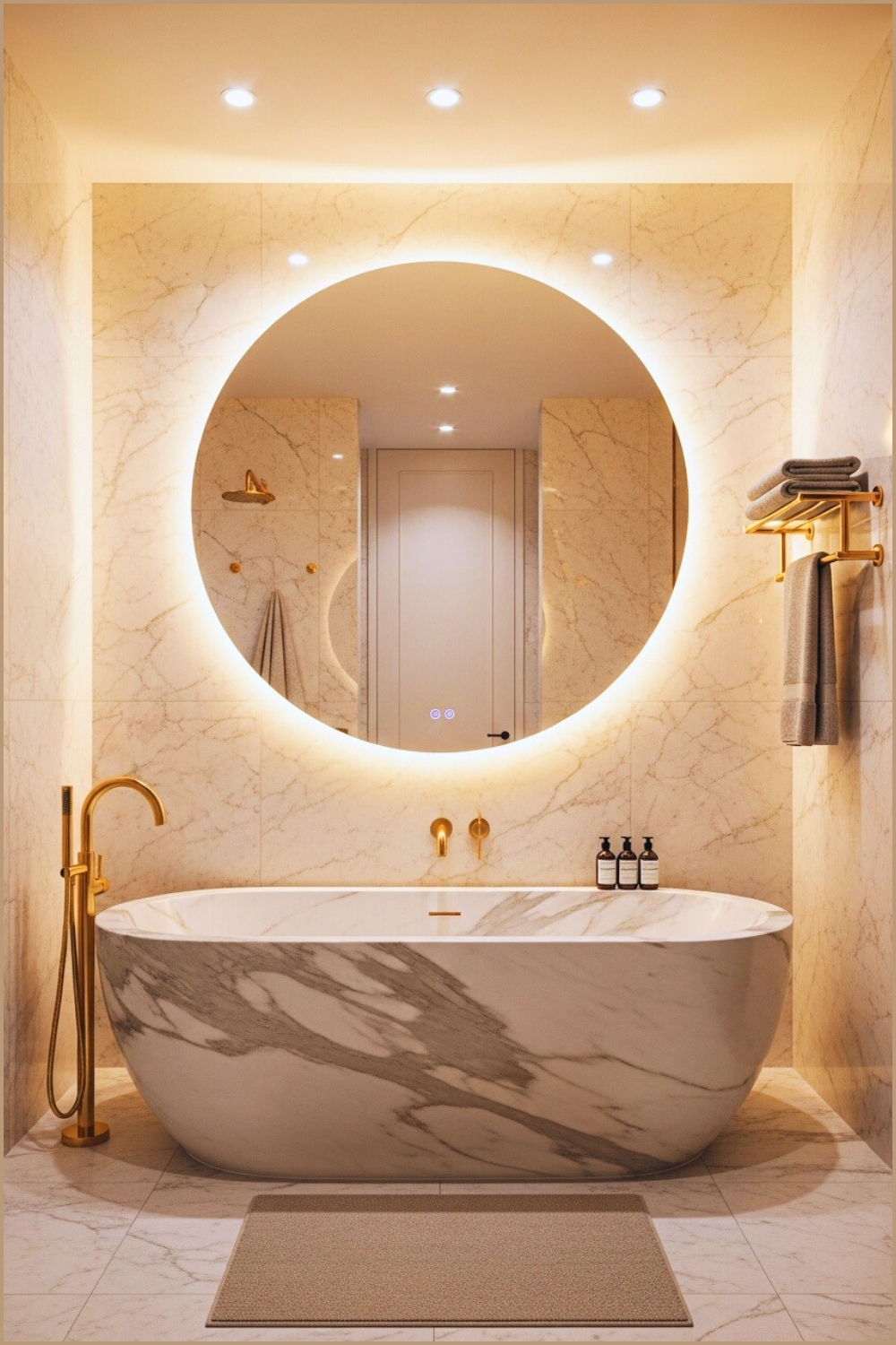Elegant Modern Beige Bathroom, Freestanding Marble Bathtub