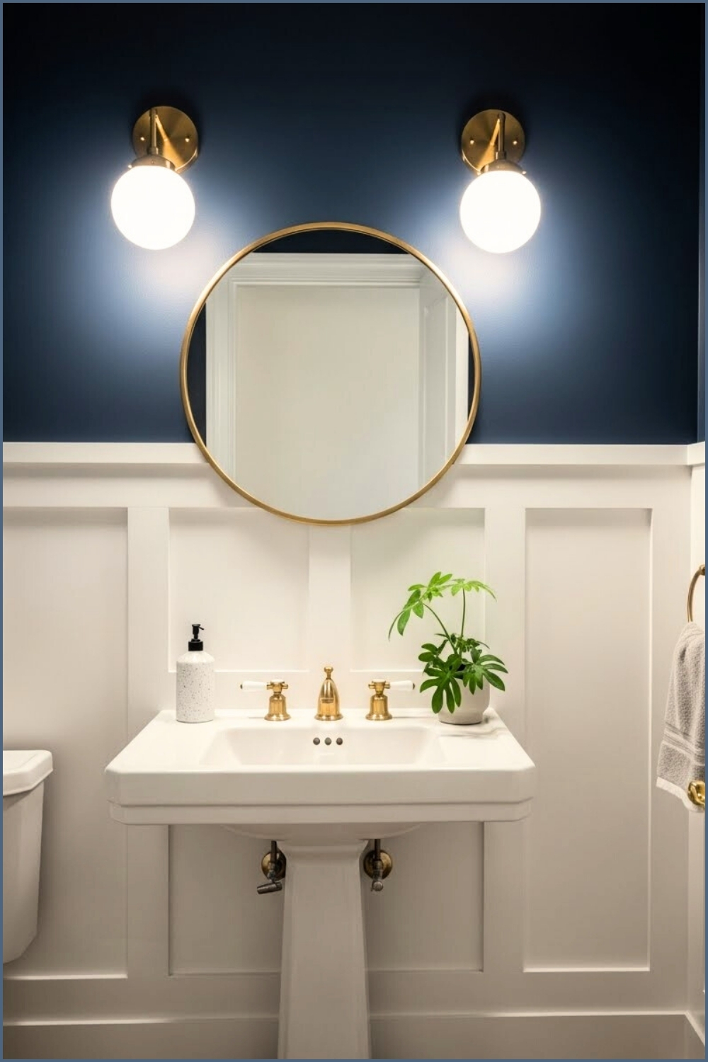 Elegant Powder Room With Deep Navy Blue Walls Above White Wainscoting