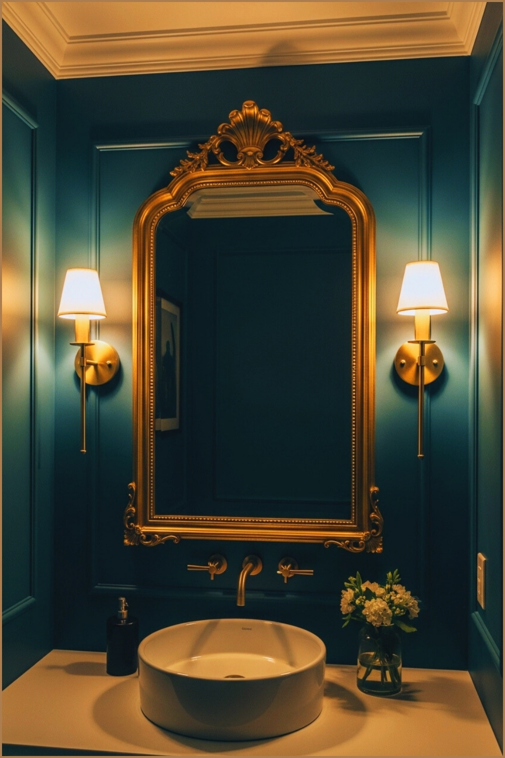 Elegant Powder Room With Deep Teal Walls, Gold Framed Mirror