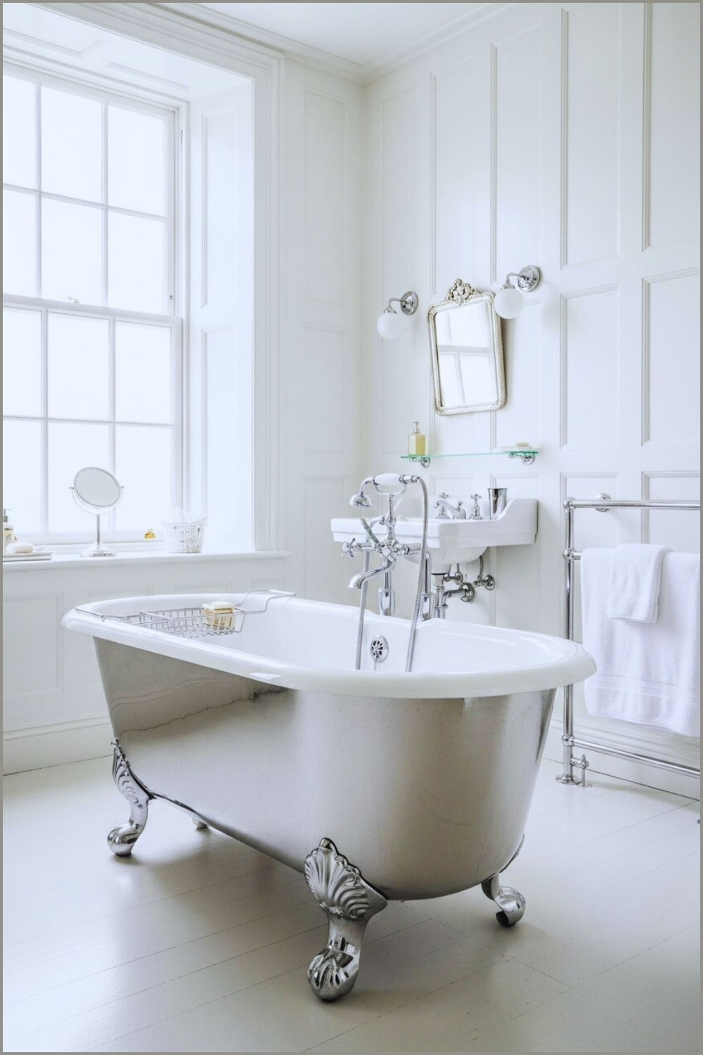 Elegant Vintage Bathroom, Polished Chrome Clawfoot Tub