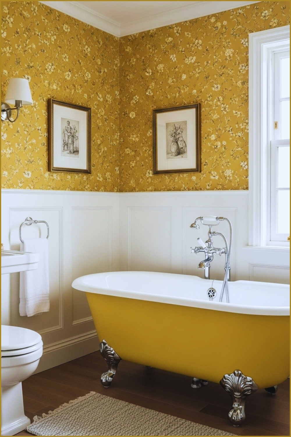 Elegant Vintage Bathroom With Mustard Yellow Floral Wallpaper
