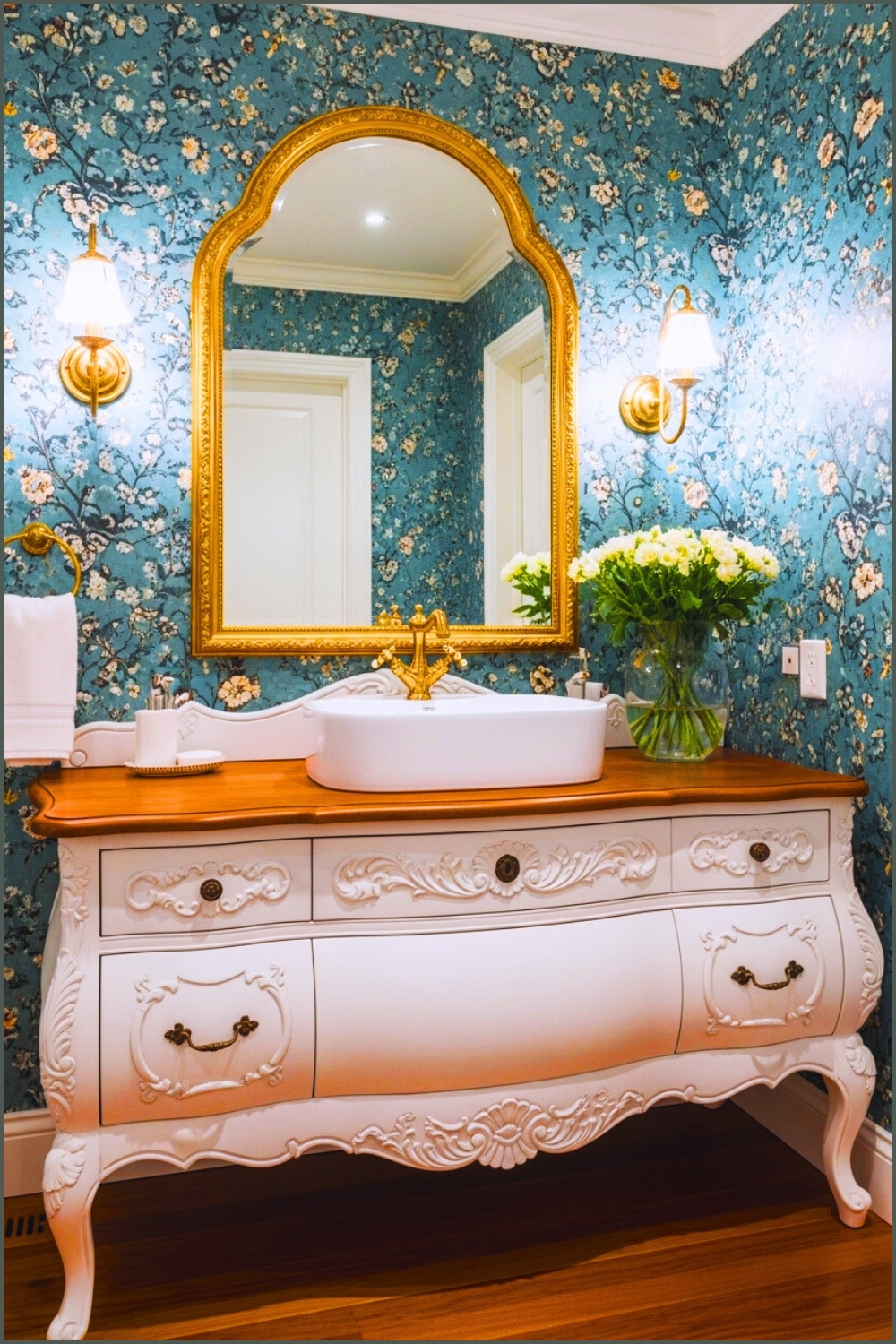 Elegant Vintage Bathroom With Ornate White Vanity Dresser