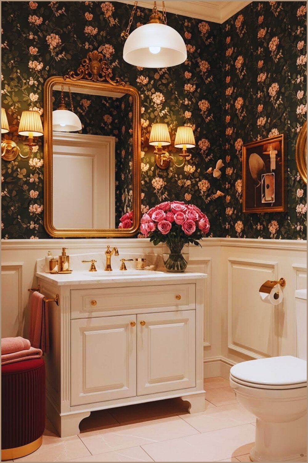 Elegant Vintage Style Bathroom With Dark Green