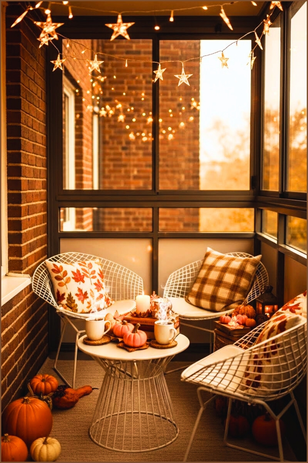 Enclosed Balcony With Hanging Star String Lights Brick Wall