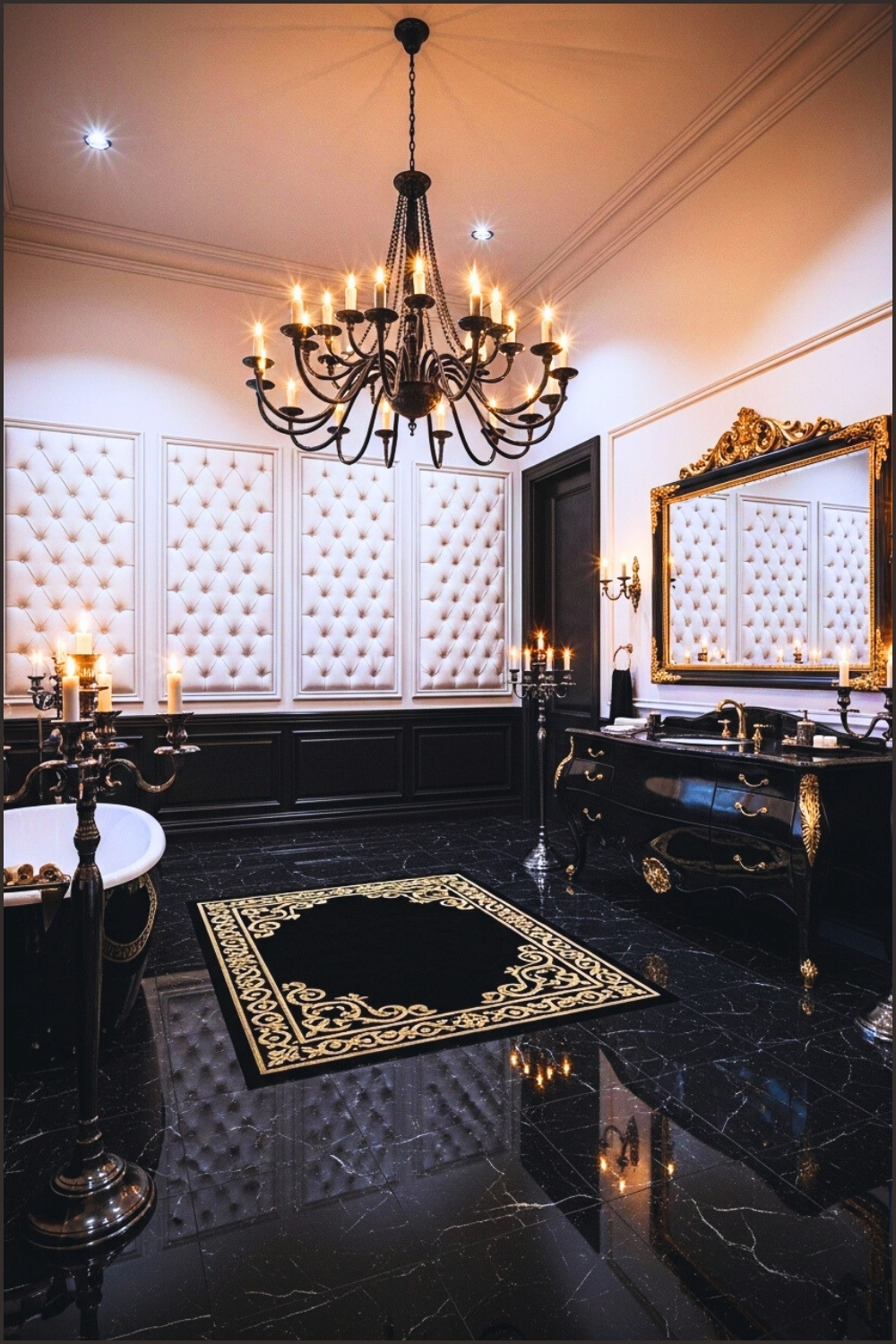 Expansive Gothic Marble Bathroom, Black Chandelier And Candle Stands