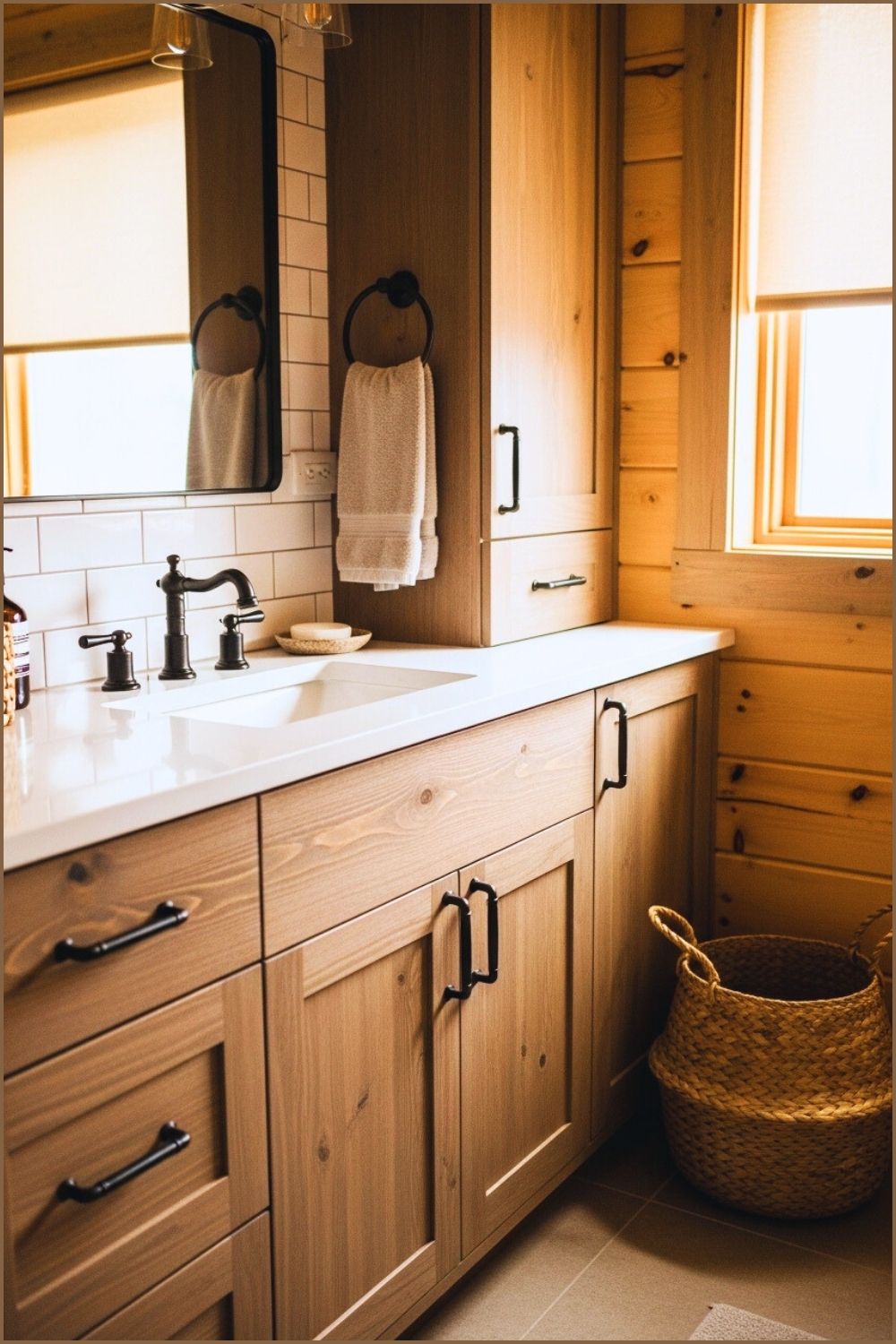 Farmhouse Bathroom With Raw Wood Cabinetry