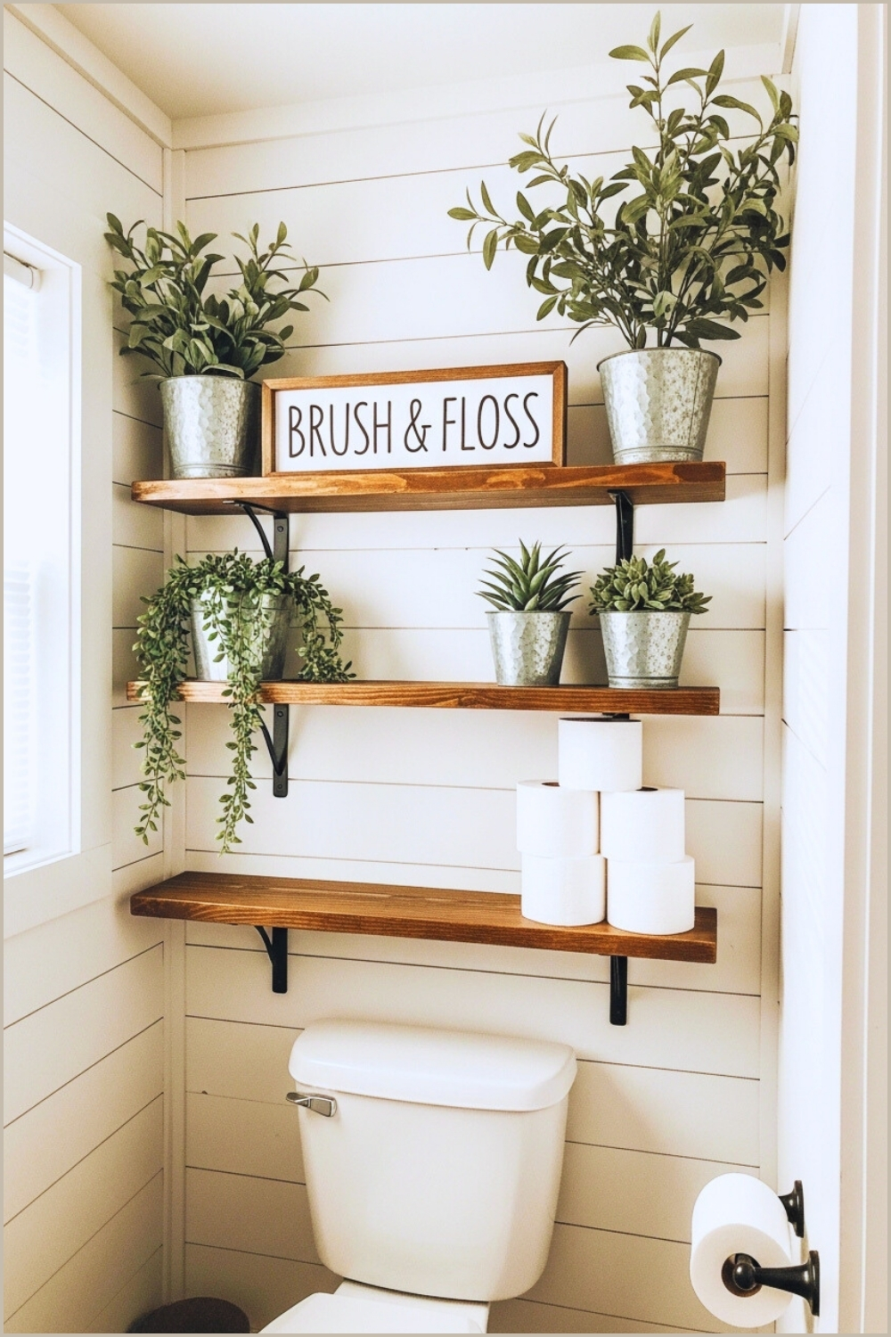Farmhouse Boho Bathroom Decor, White Shiplap Walls