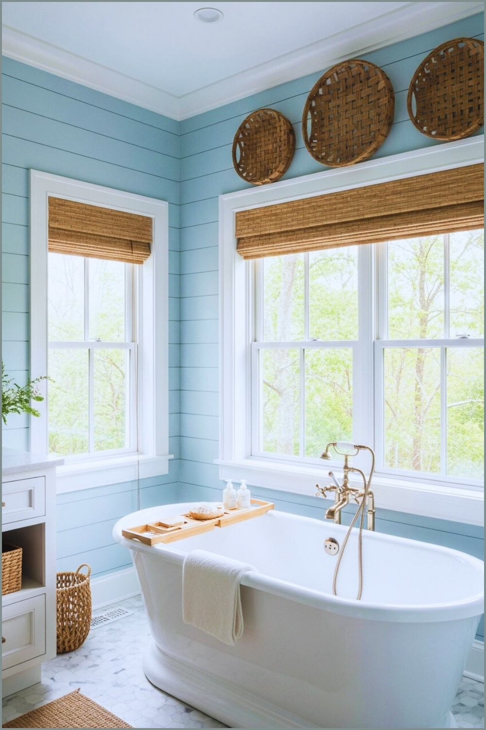Farmhouse-style Bathroom, Soft Sky-blue Shiplap Walls
