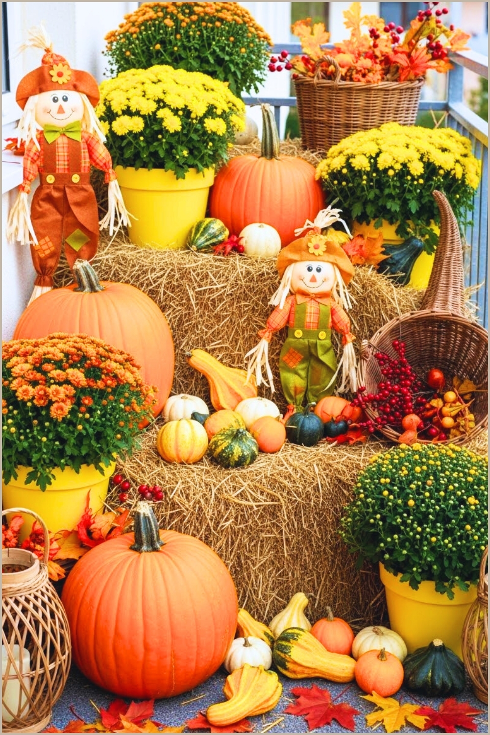 Festive Autumn Balcony Decorated With Large Orange Pumpkins