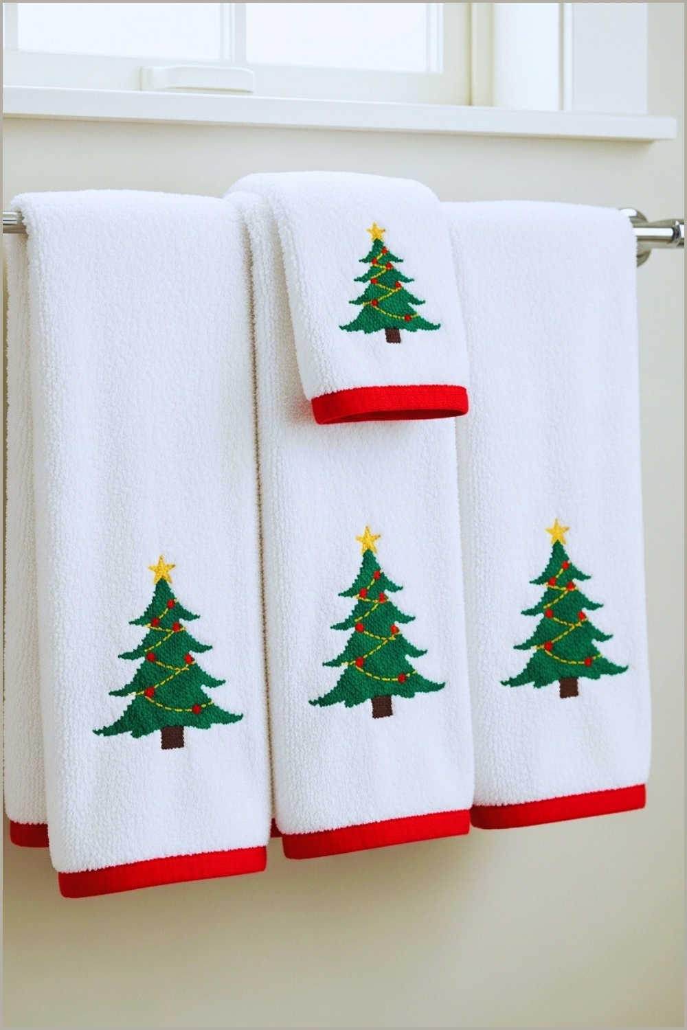 Festive Bathroom Detail Shot, Three White Knitted Hand Towels