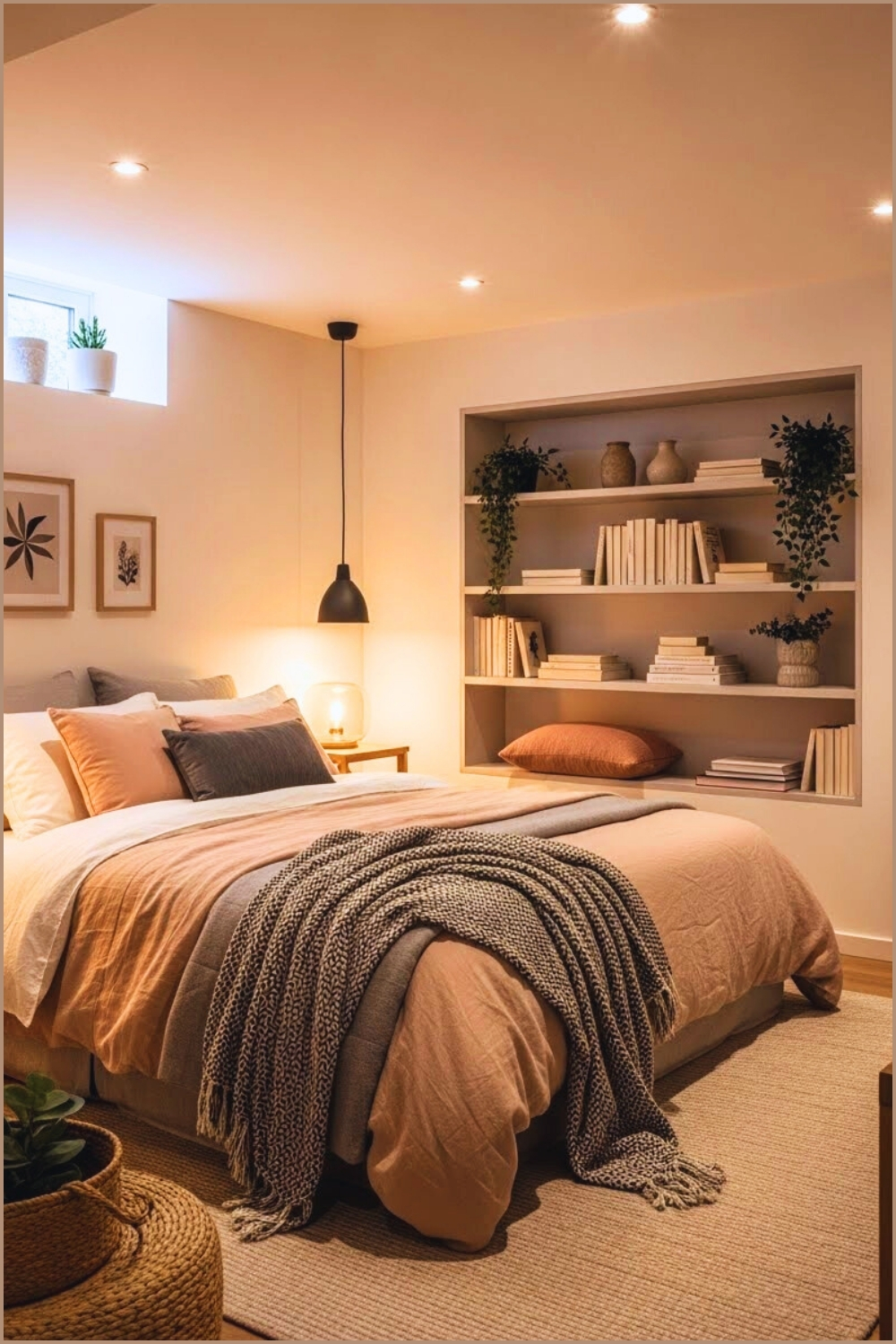 Finished Basement Bedroom With Custom Built In Shelving And Storage