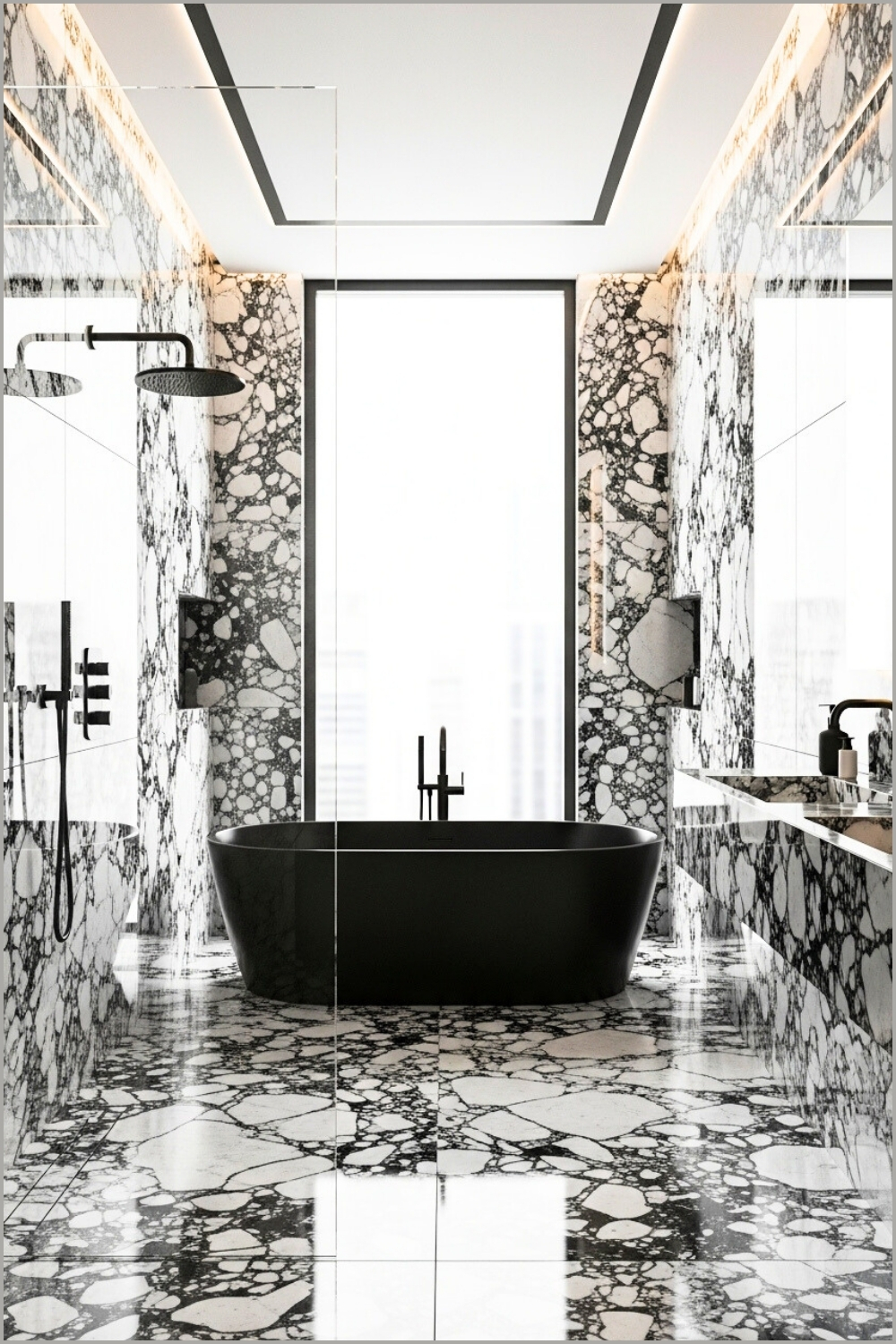 Floor-to-ceiling Luxury Marble Bathroom With Black