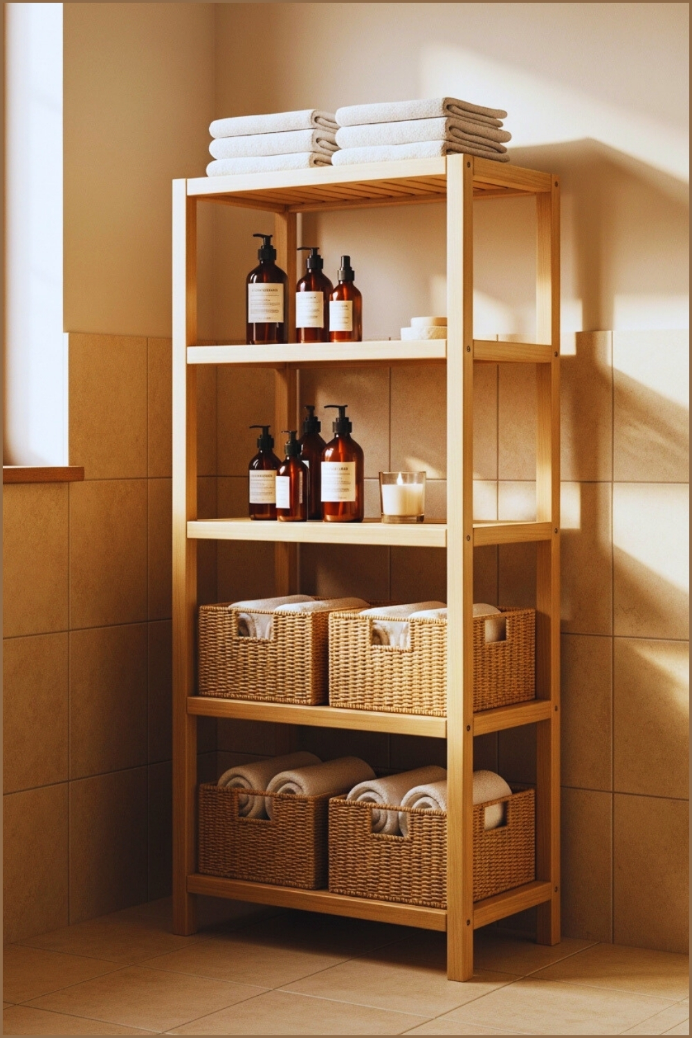 Freestanding Tall Wooden Bathroom Shelf, Wicker Baskets