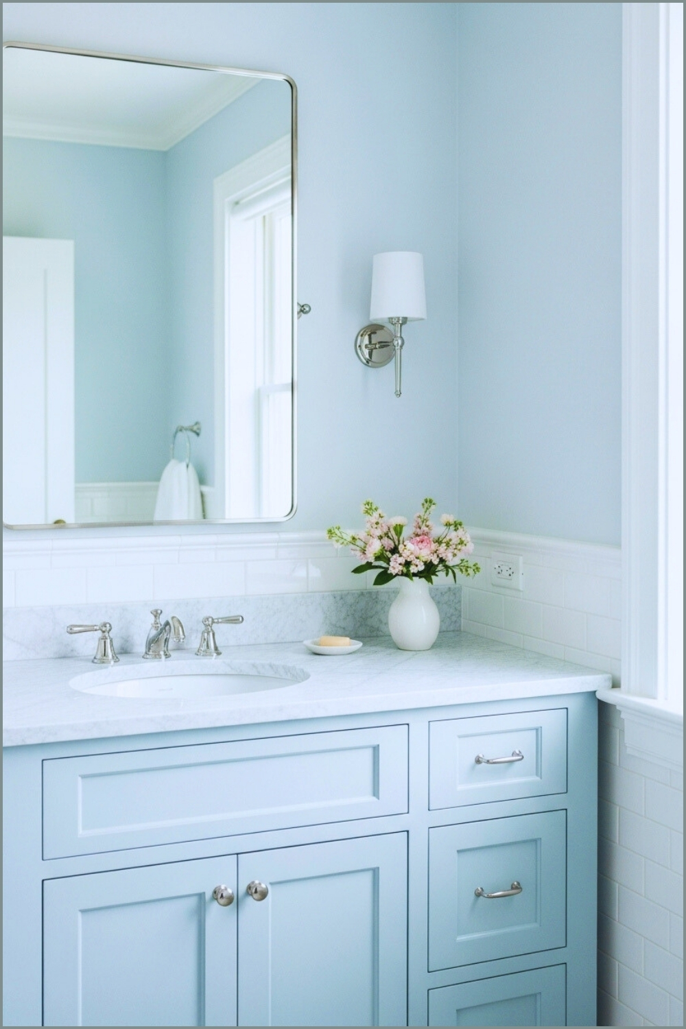 Fresh Bright Bathroom, Light Blue Shaker-style Vanity