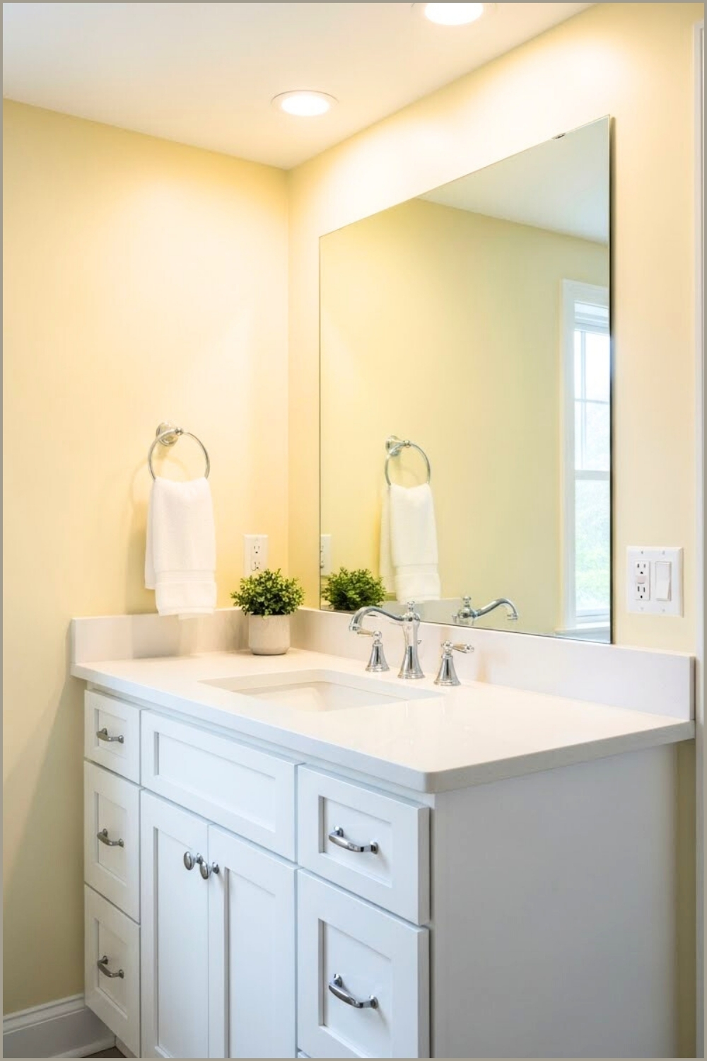 Fresh Bright Bathroom With Soft Yellow Walls, White Cabinetry
