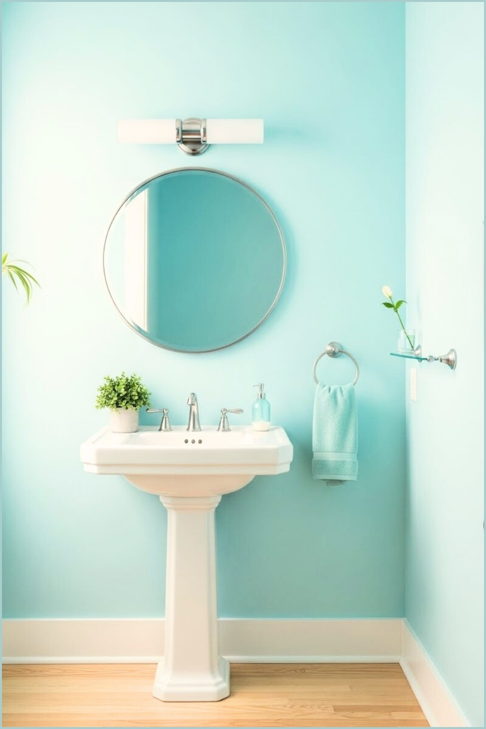 Fresh Bright Powder Room With Light Aqua Blue Walls