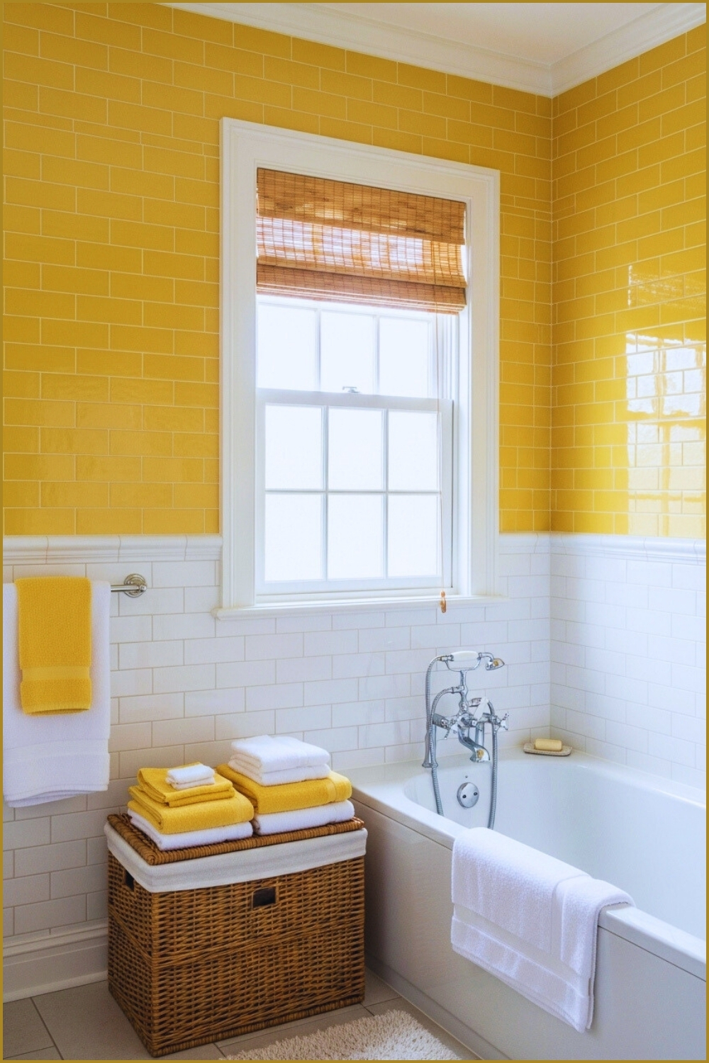 Fresh Modern Bathroom With Glossy Yellow Subway Tile Walls