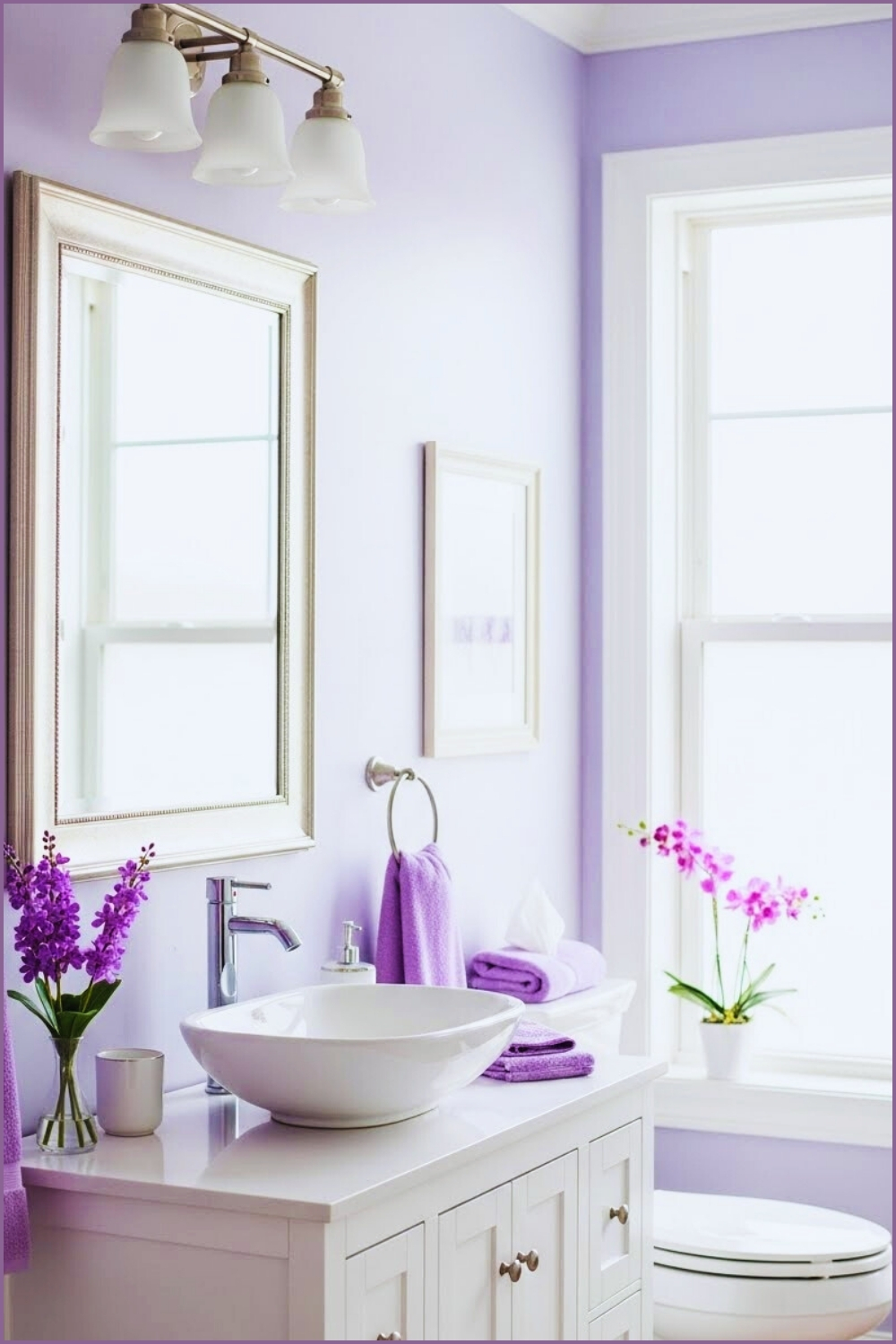 Fresh Pastel Bathroom With Soft Lavender Walls White Vanity