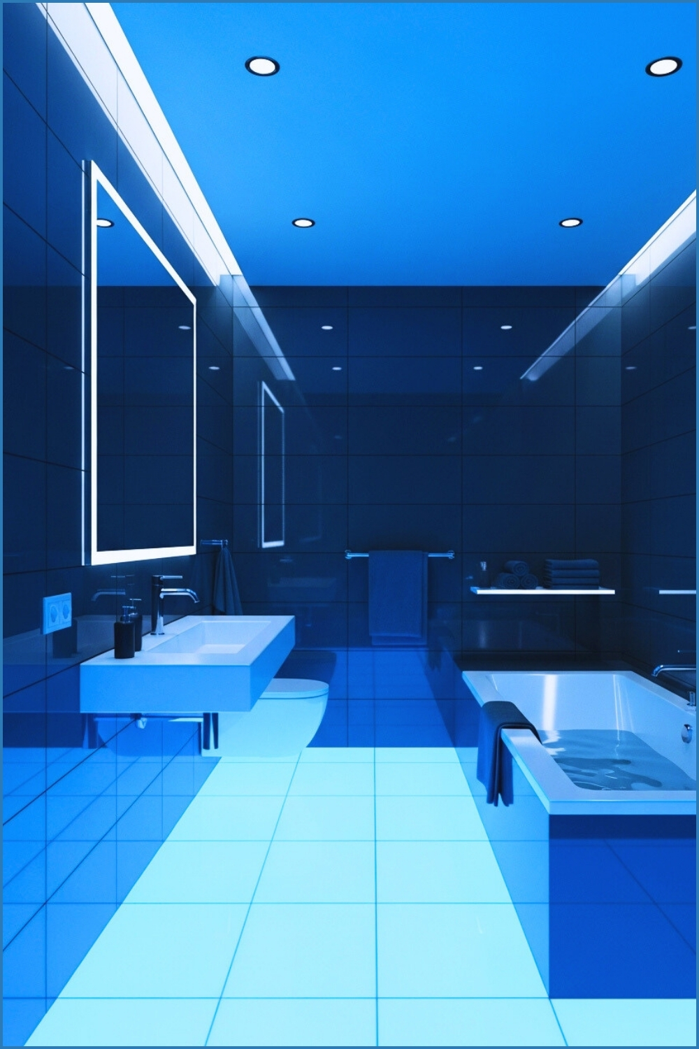 Futuristic Bathroom With Dark Blue Tiles, Glowing Neon Blue Floor