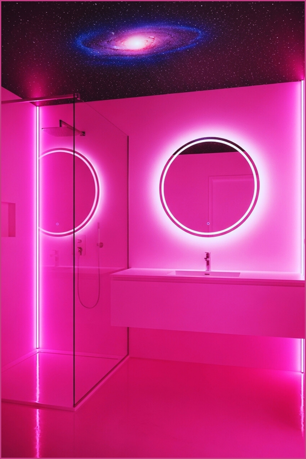 Futuristic Neon Pink Bathroom Glowing With Starry Galaxy Ceiling