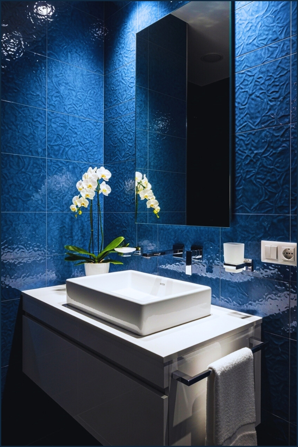 Glossy Embossed Blue Botanical Tile Walls, Modern White Sink