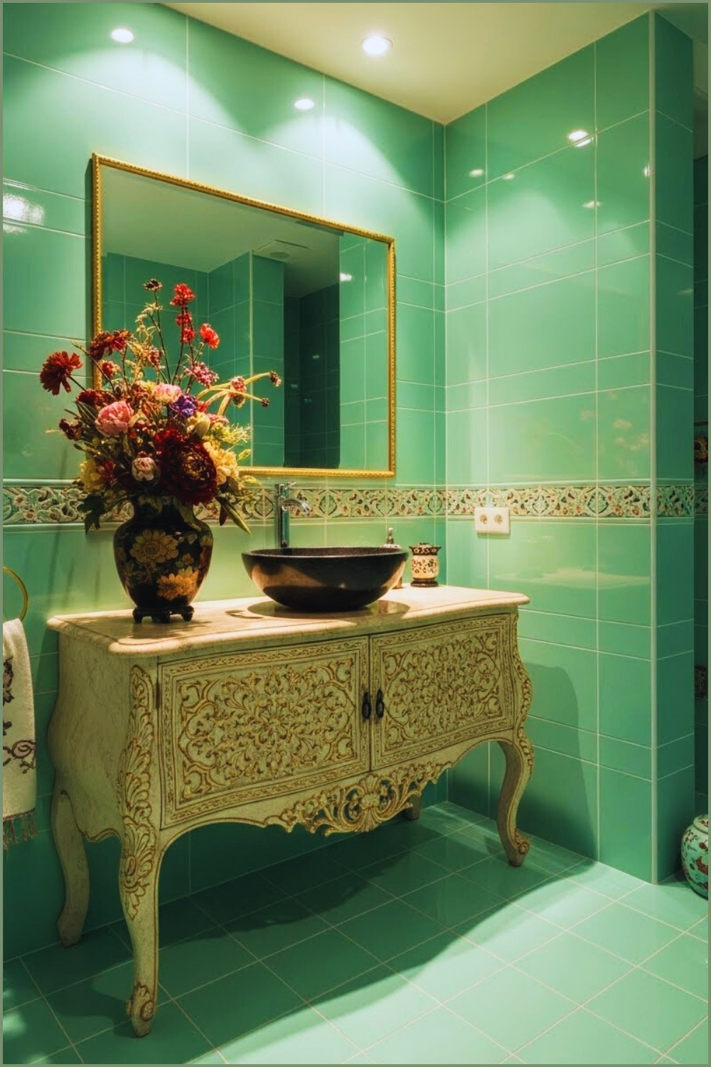 Glossy Mint Green Tiled Bathroom With Matching Floor And Walls