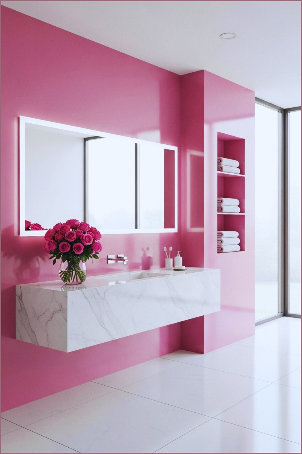 Glossy Modern Pink Bathroom With Marble Floating Vanity, Large Mirror