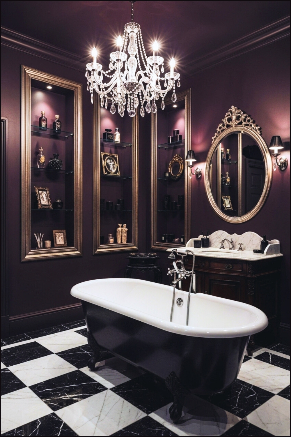Gothic Luxury Bathroom, Dark Plum Walls, Ornate Silver Framed Shelving