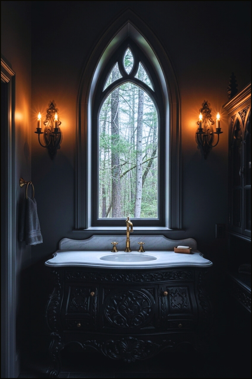 Gothic Luxury Bathroom, Dramatic Pointed Arch Window