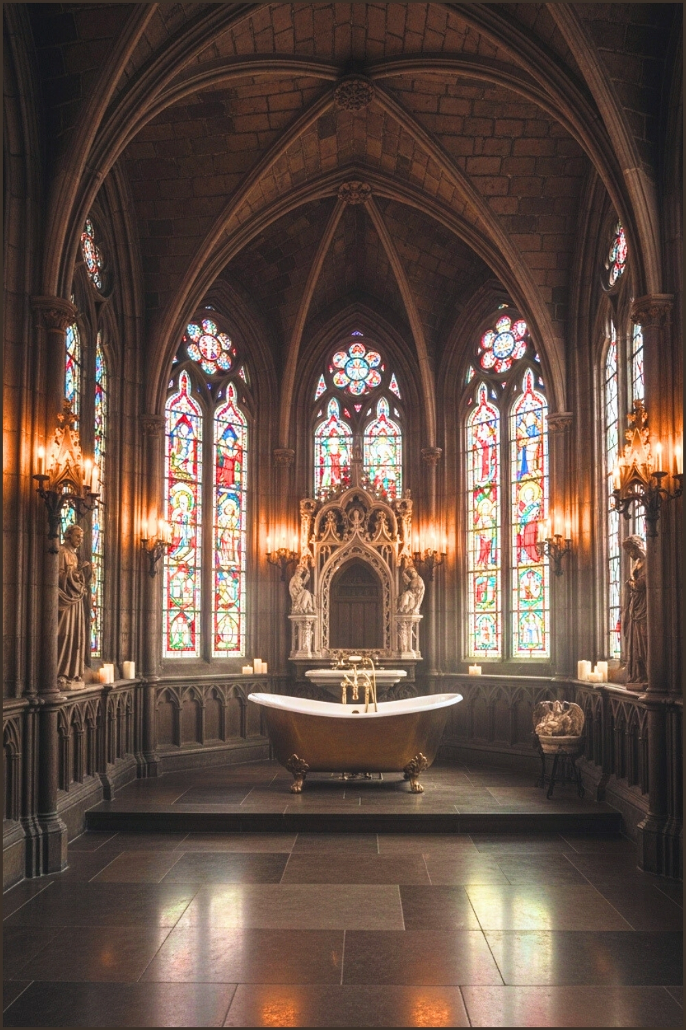Grand Gothic Cathedral Style Bathroom Interior With High