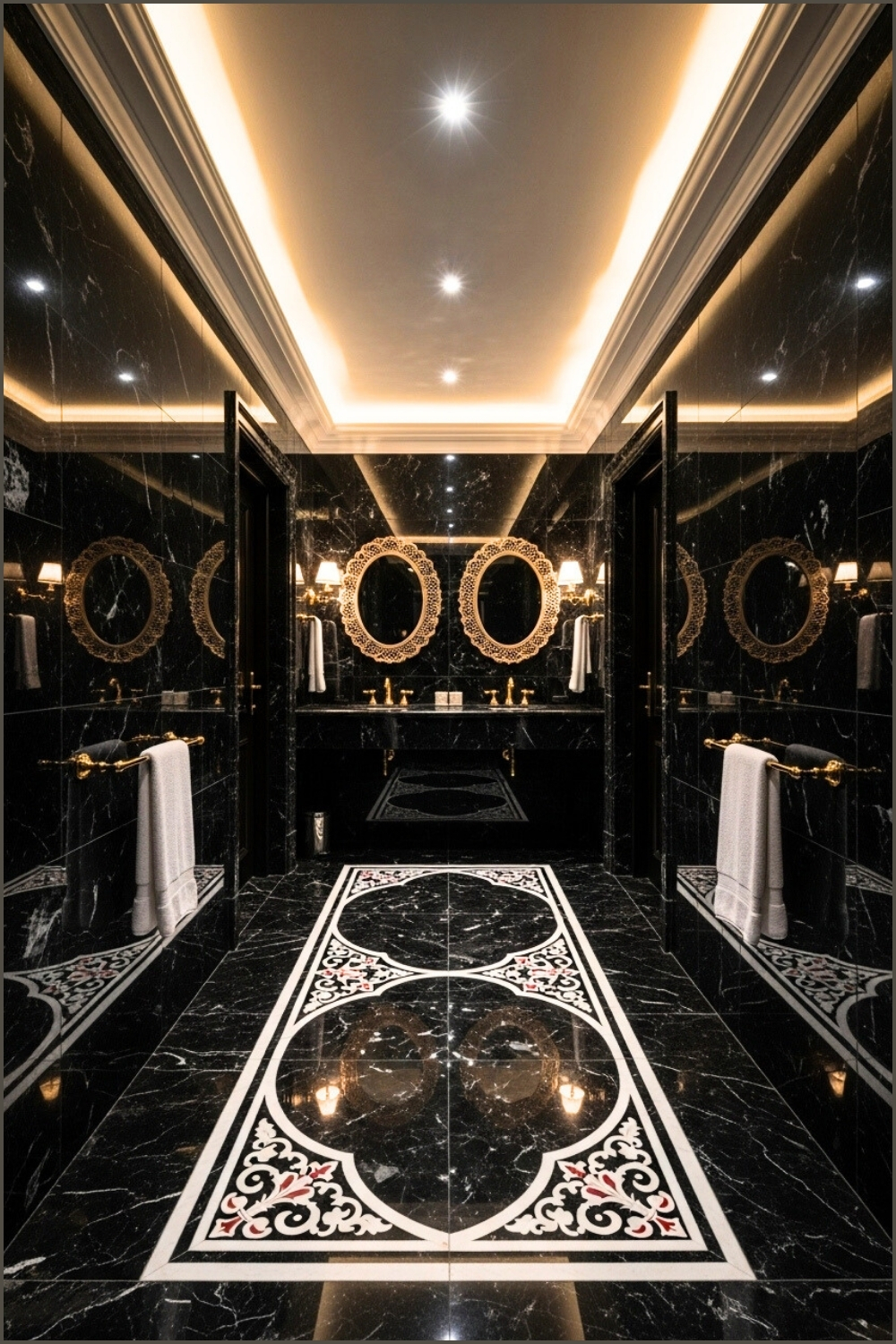 Grand Luxury Bathroom Hallway With Intricate Black Marble
