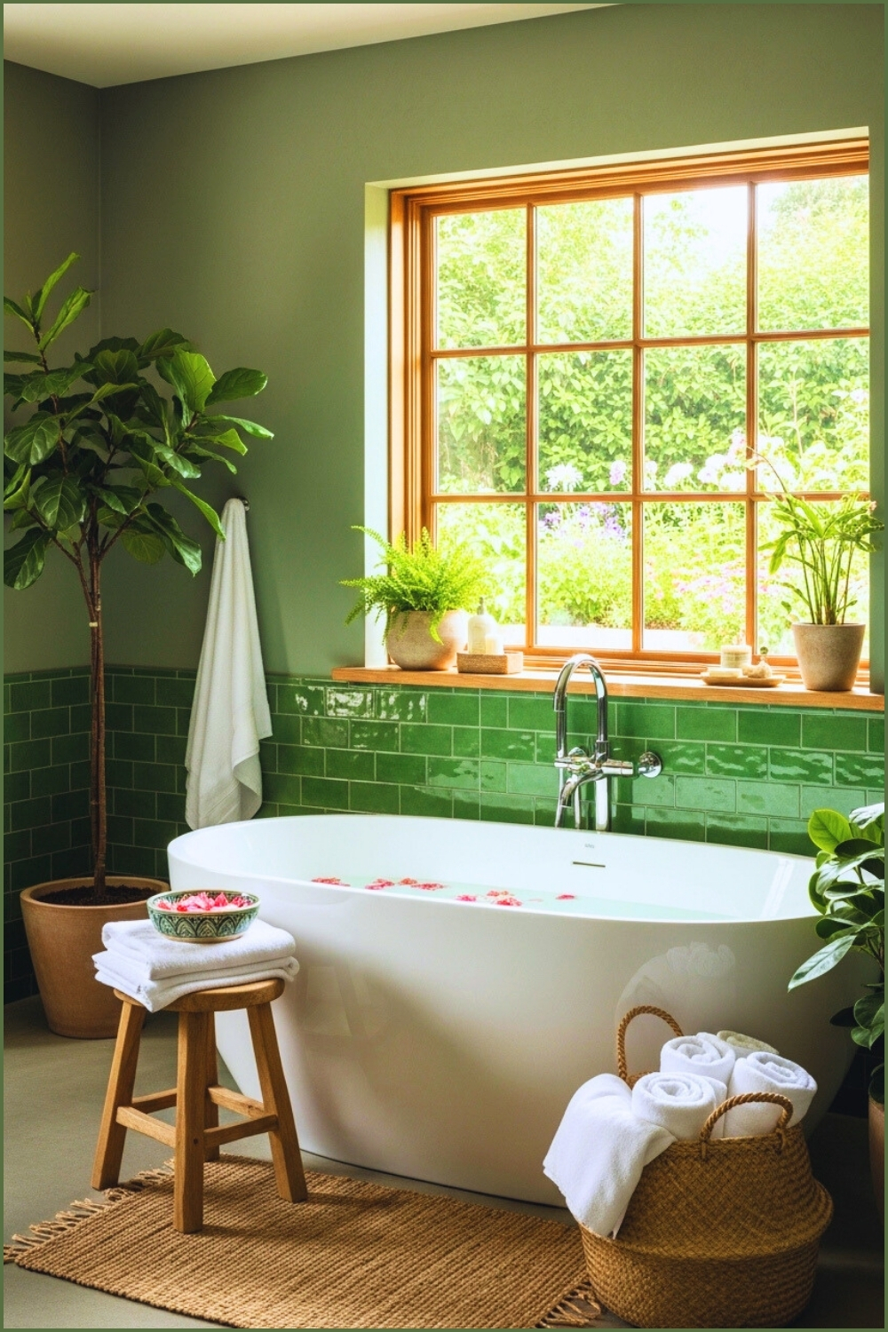Green Spa Bathroom With Matte Green Plaster Walls