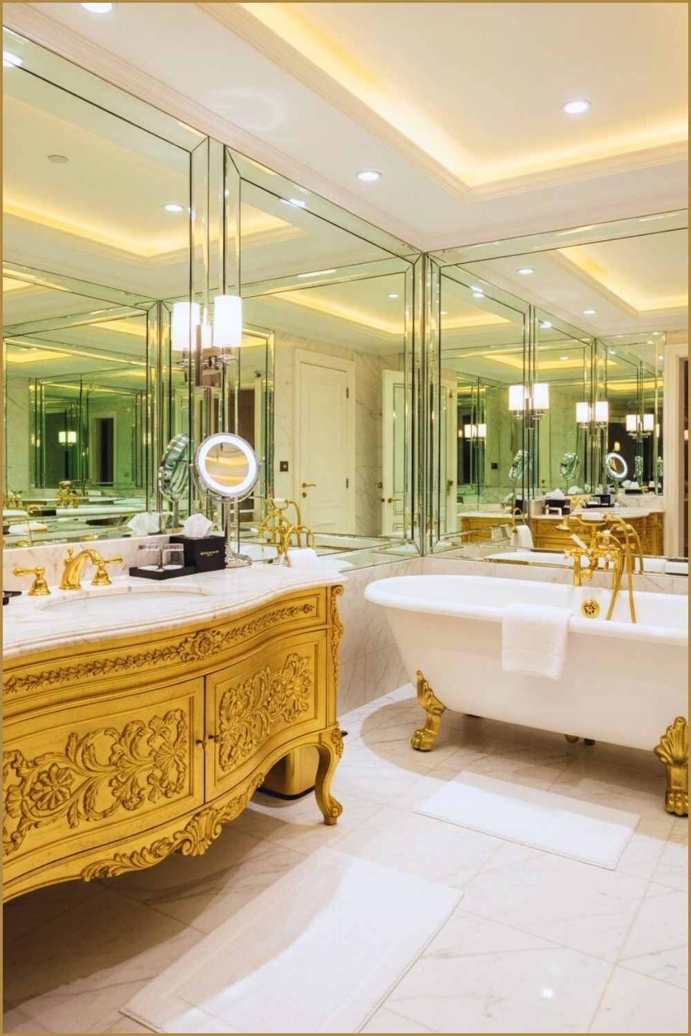 High-end Luxury Bathroom With Floor-to-ceiling Mirrors, Ornate Gold Vanity