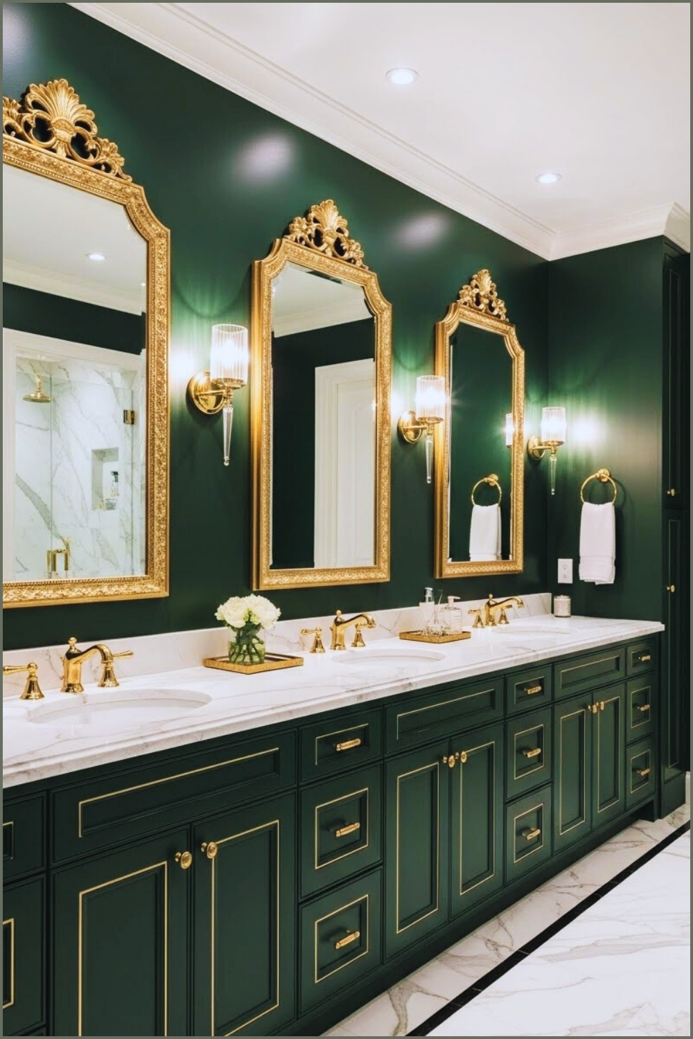 High-end Luxury Bathroom With Forest Green Cabinetry