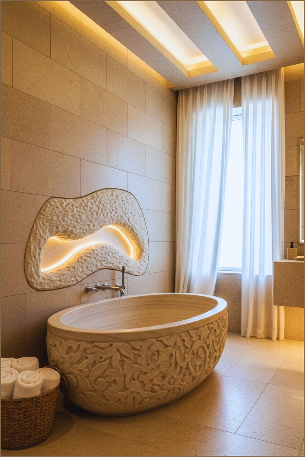 High-end Stone Spa Bathroom With Round Carved Stone Tub