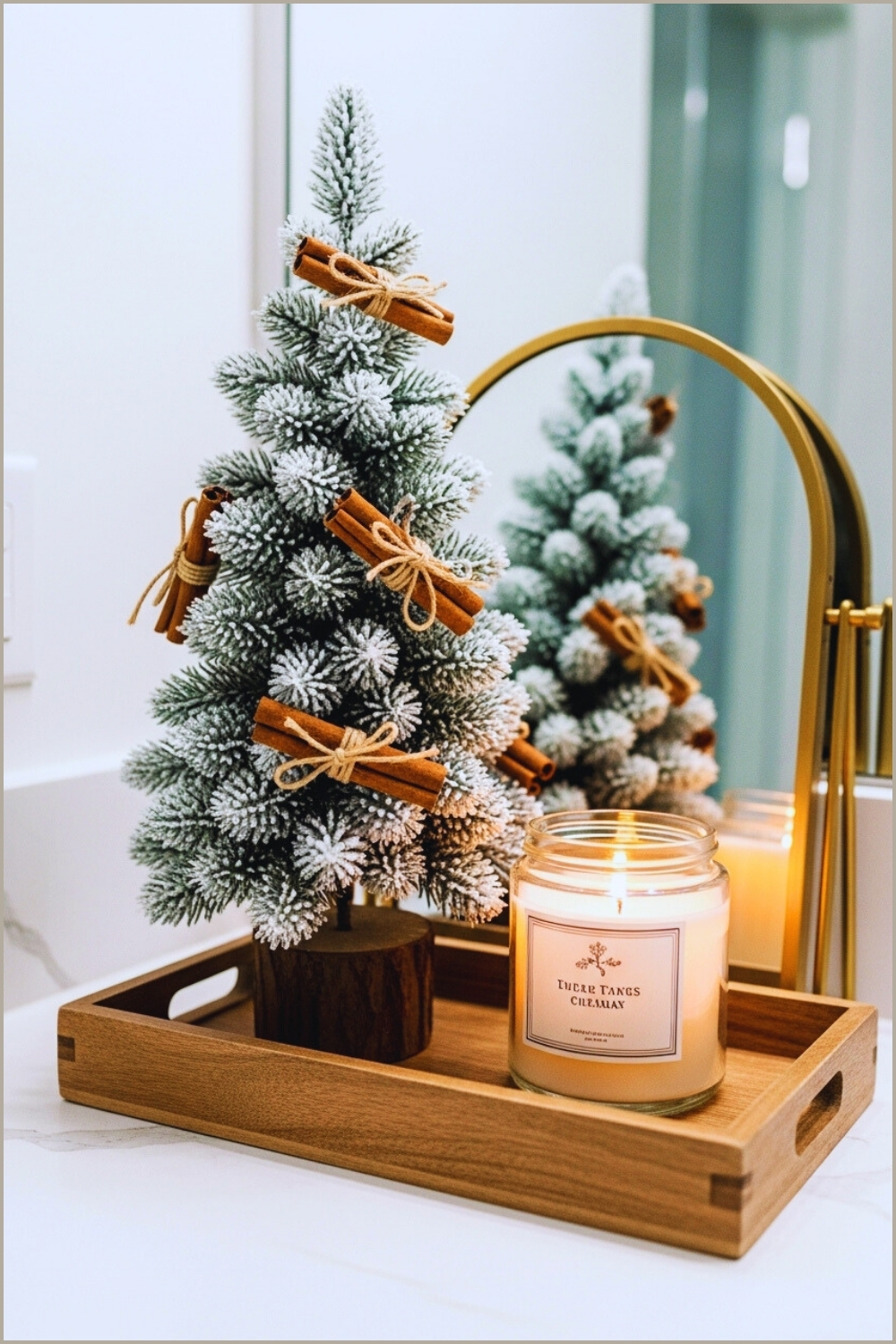 Holiday Bathroom Vignette, Small Snowy Faux Pine Tree With Cinnamon