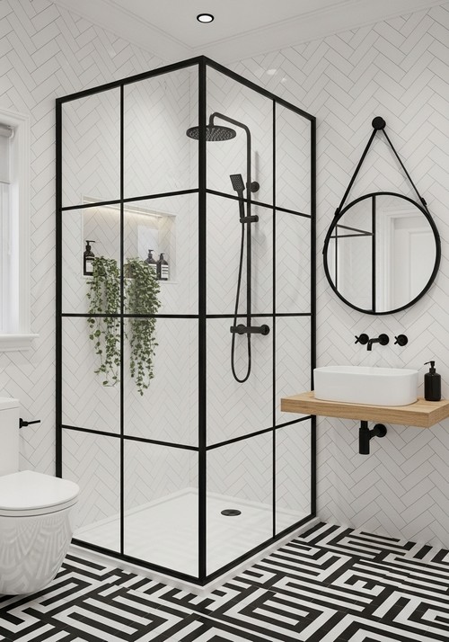 Contemporary Bathroom With White Herringbone Tile Walls