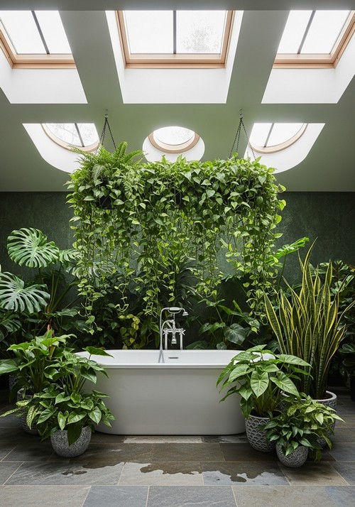 Lush Indoor Jungle Bathroom, Freestanding Bathtub Beneath Hanging Greenery