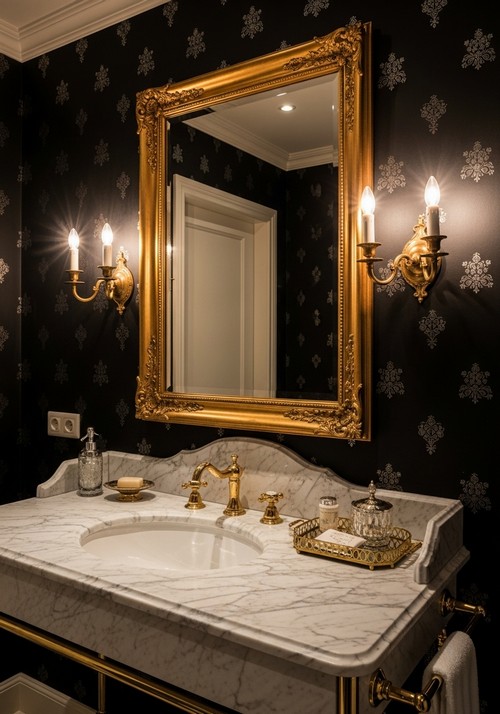 Classic Luxury Bathroom, Gold Framed Mirror With Side Sconces