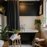 Boho Modern Bathroom, Black Clawfoot Tub, Patterned Black Textile Shower Curtain