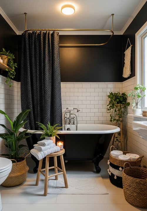 Boho Modern Bathroom, Black Clawfoot Tub, Patterned Black Textile Shower Curtain