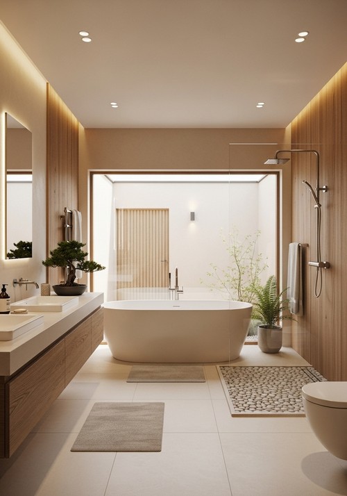 Japanese-inspired Zen Bathroom, Natural Wood Textures