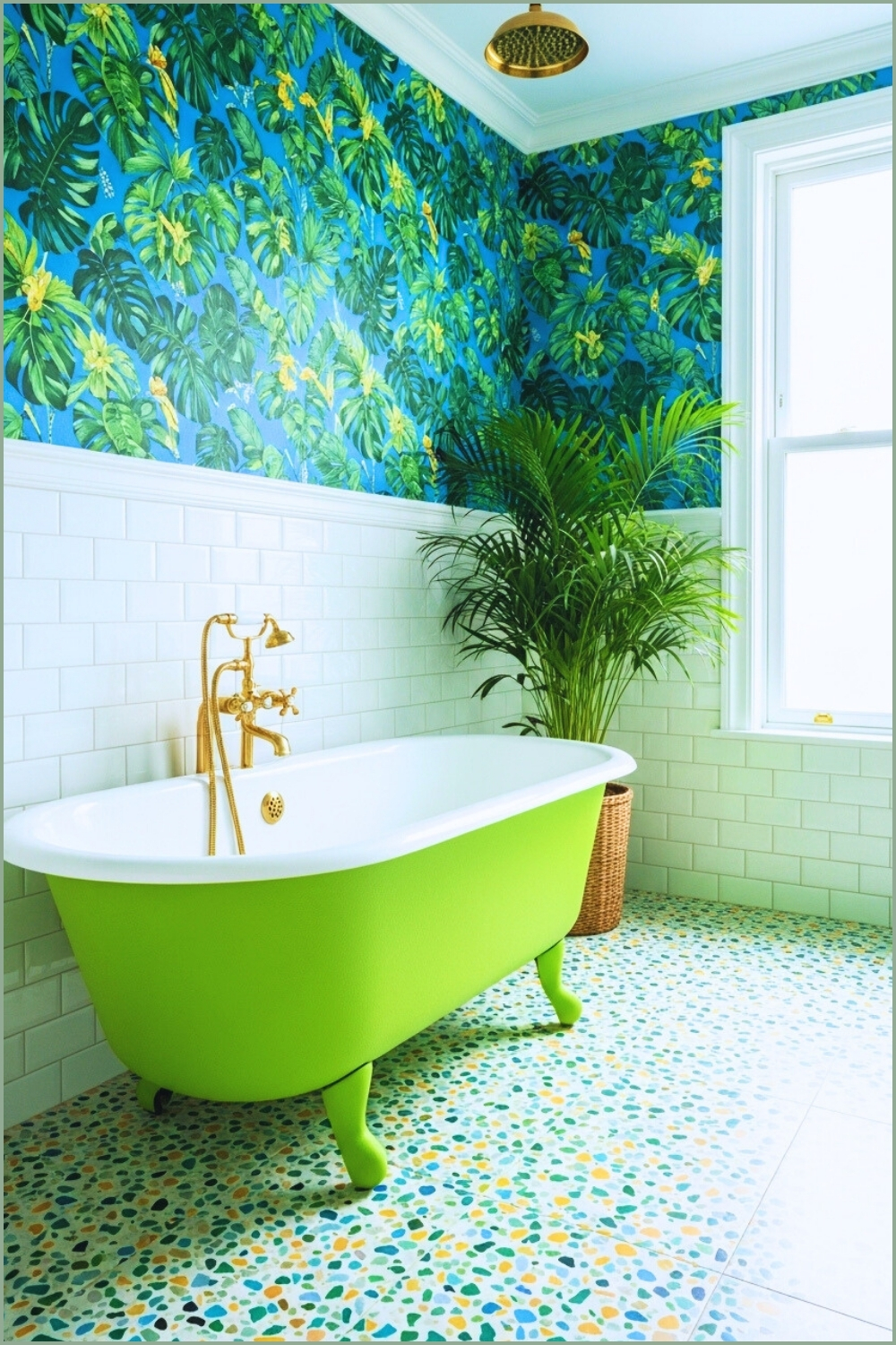 Imagine Bright Maximalist Bathroom, Blue Tropical Leaf Wallpaper