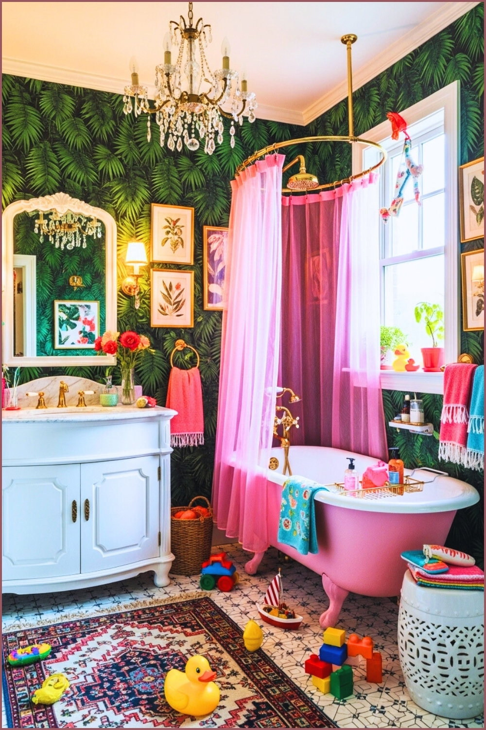 Imagine Colorful Maximalist Bathroom, Dark Green Palm Leaf Wallpaper