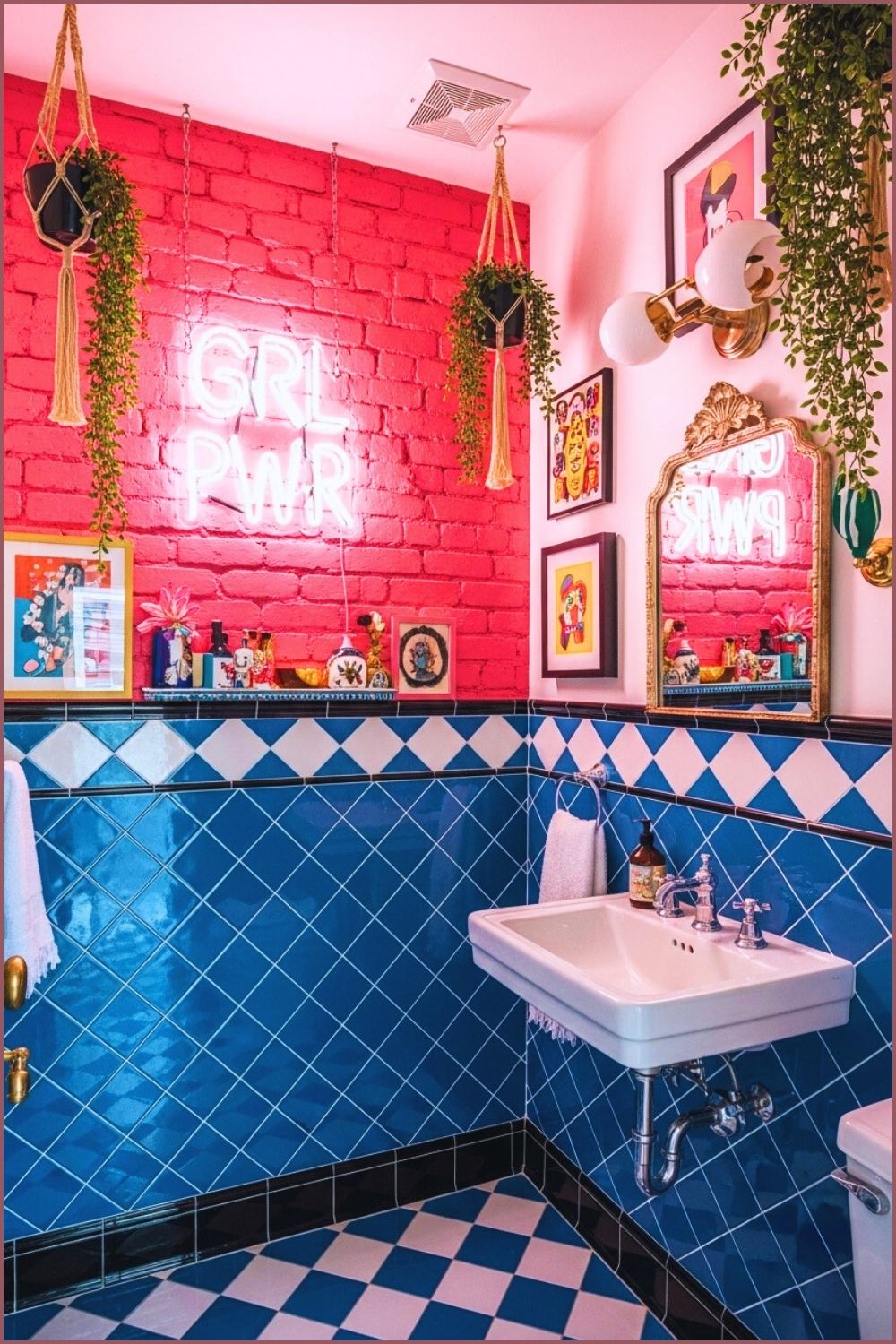 Imagine Energetic Maximalist Powder Room, Pink Painted Brick Walls