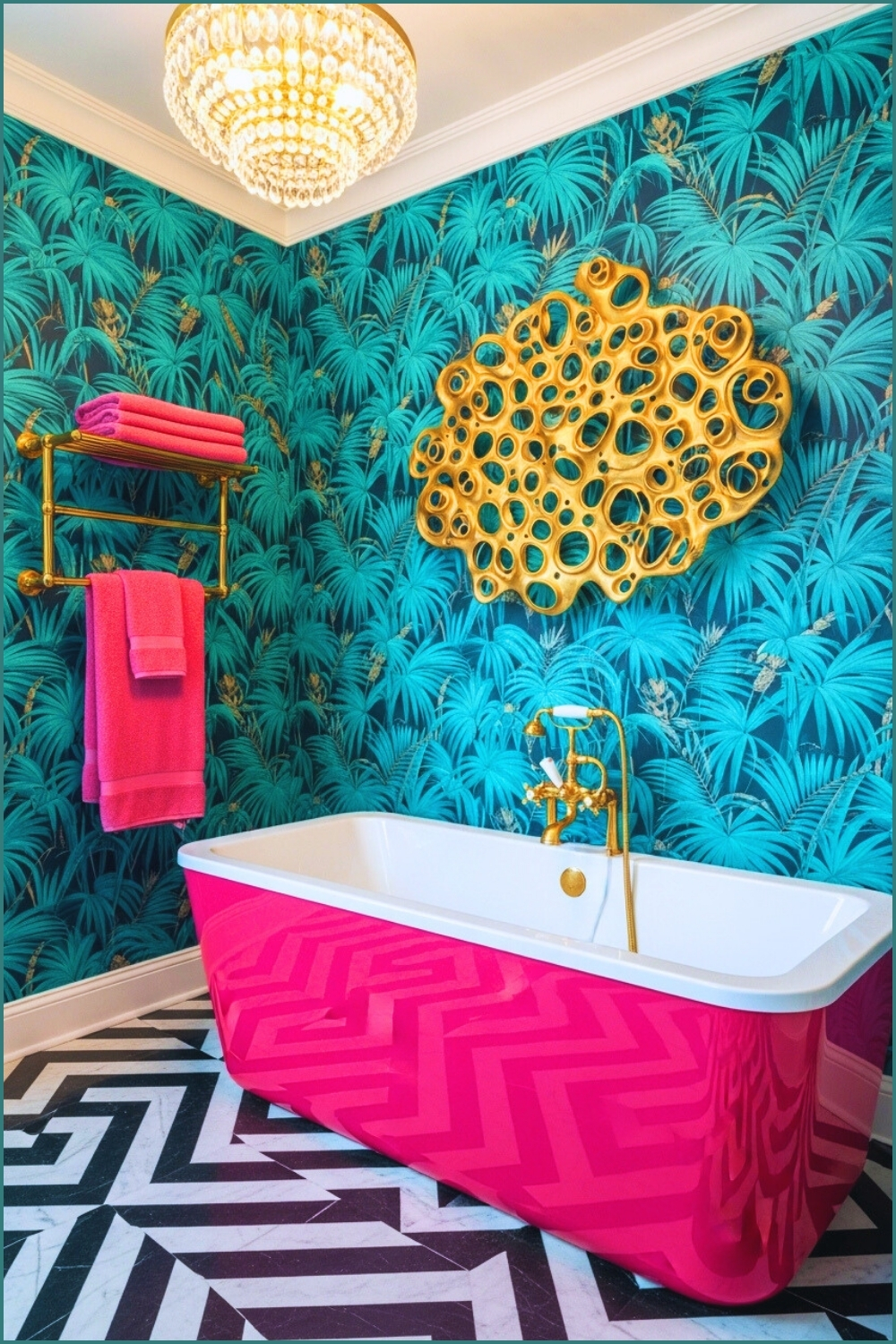 Imagine Glamorous Maximalist Bathroom, Tropical Teal Palm Print Wallpaper