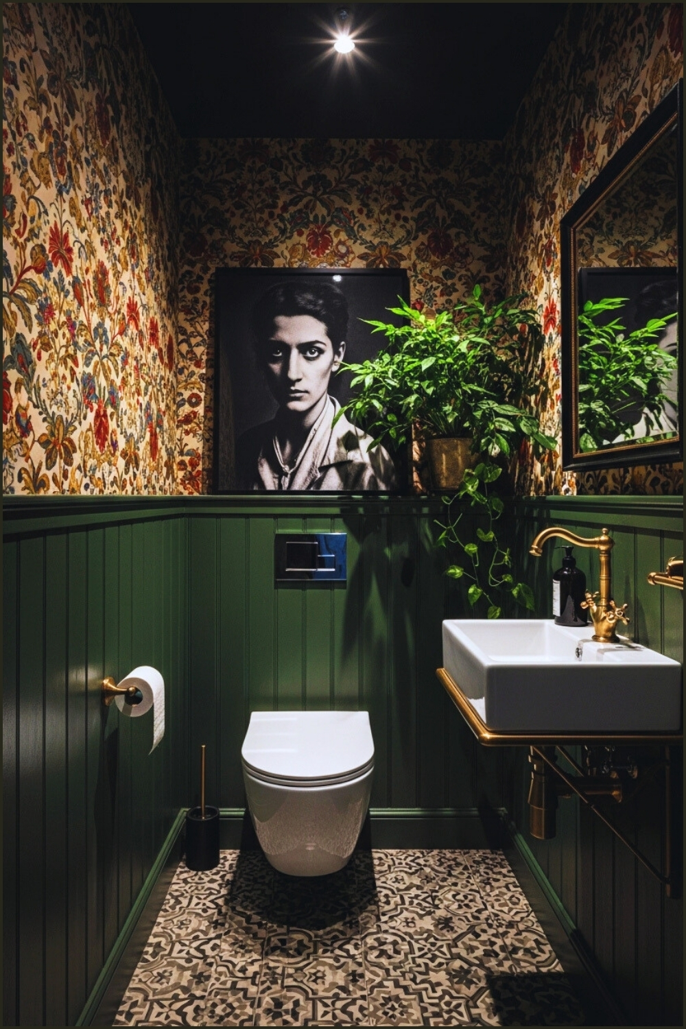 Imagine Moody Maximalist Powder Room, Dark Green Wood Panel Wainscoting