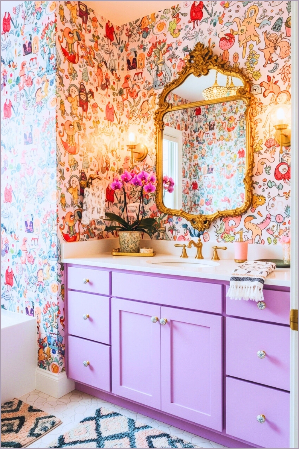 Imagine Playful Maximalist Bathroom, Colorful Whimsical Illustrated Wallpaper