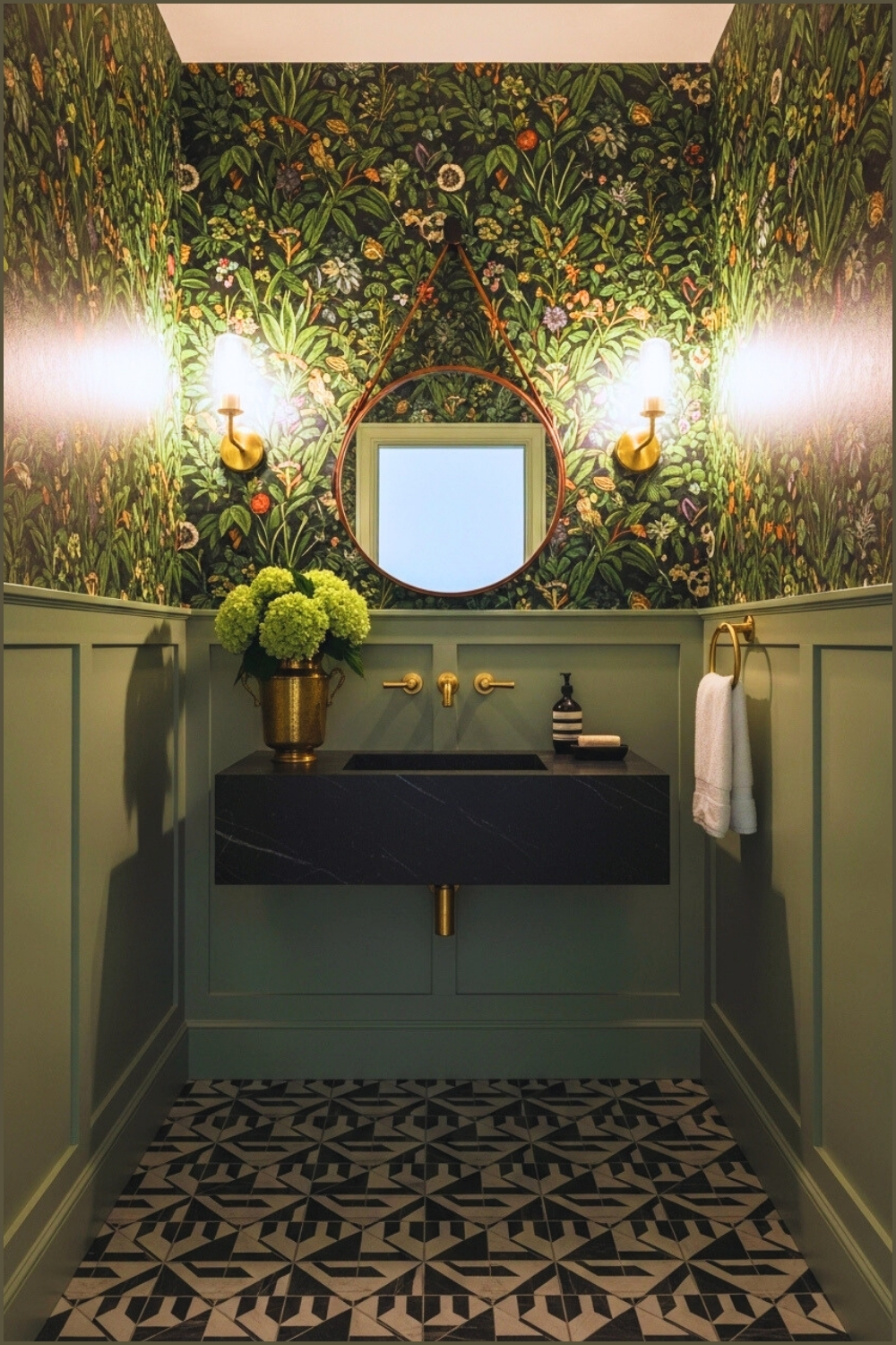 Imagine Sophisticated Maximalist Powder Room, Green Botanical