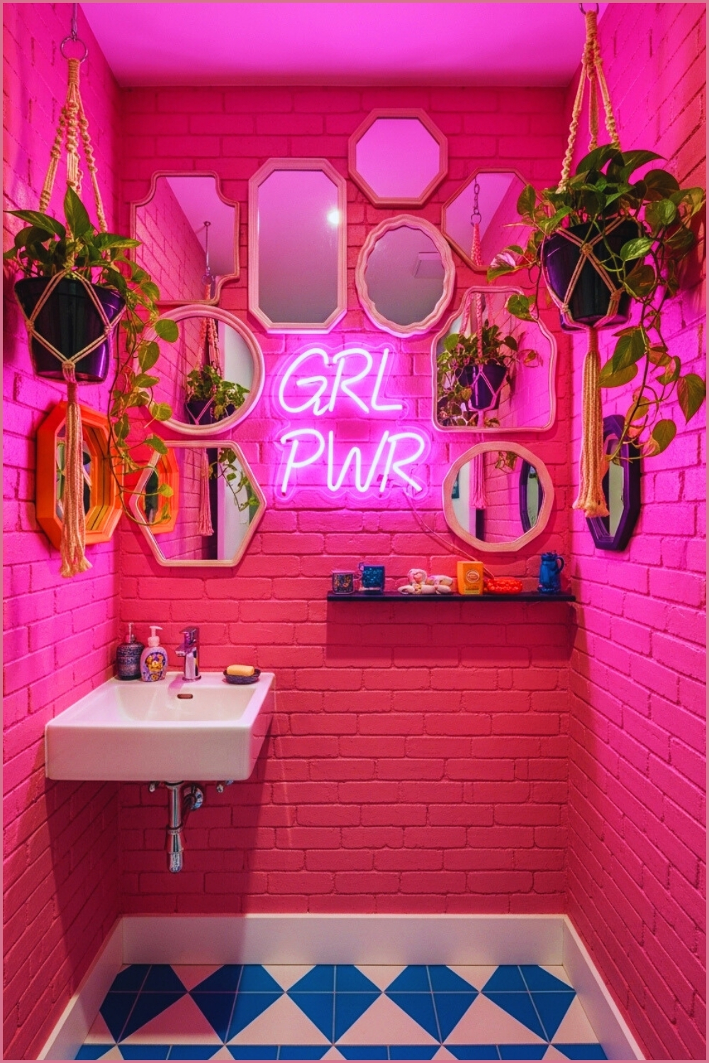 Imagine Vibrant Maximalist Powder Room, Pink Painted Brick Walls